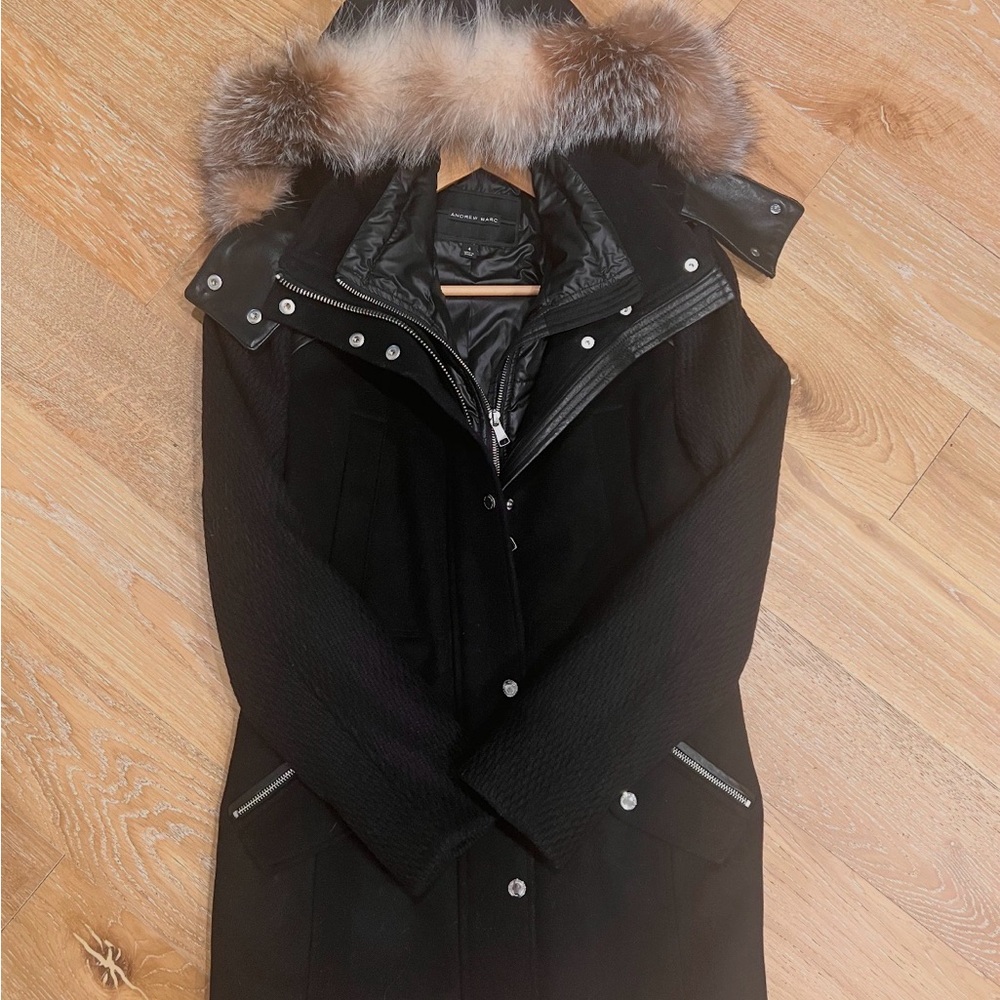 Andrew Marc Black Wool Winter Coat with Leather Accents and Fur Trim